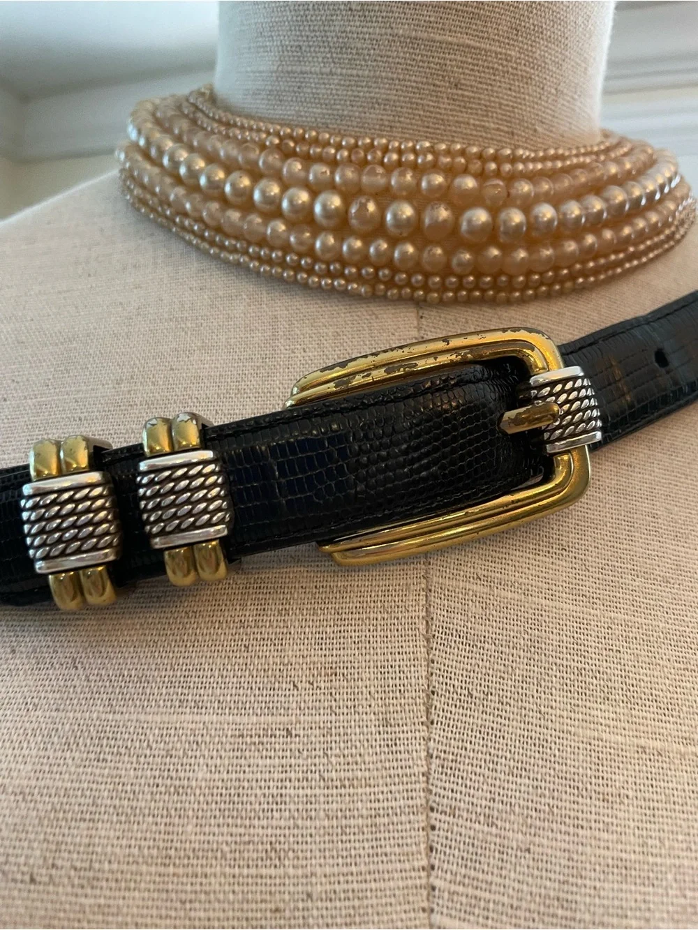 Brighton Black Textured Leather Belt with Gold & Silver Accents